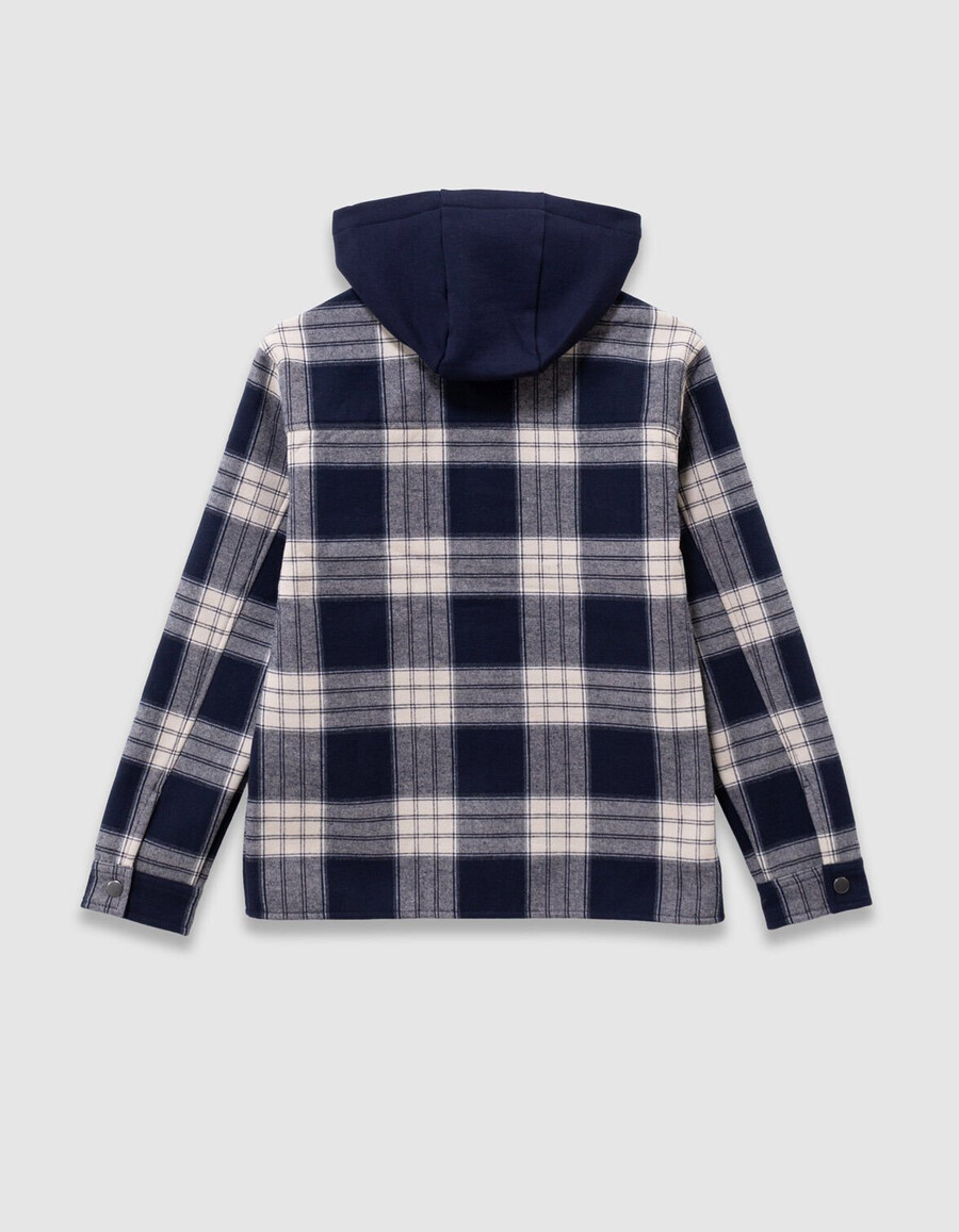 camisa de cuadros azul marino para niño con capucha desmontable