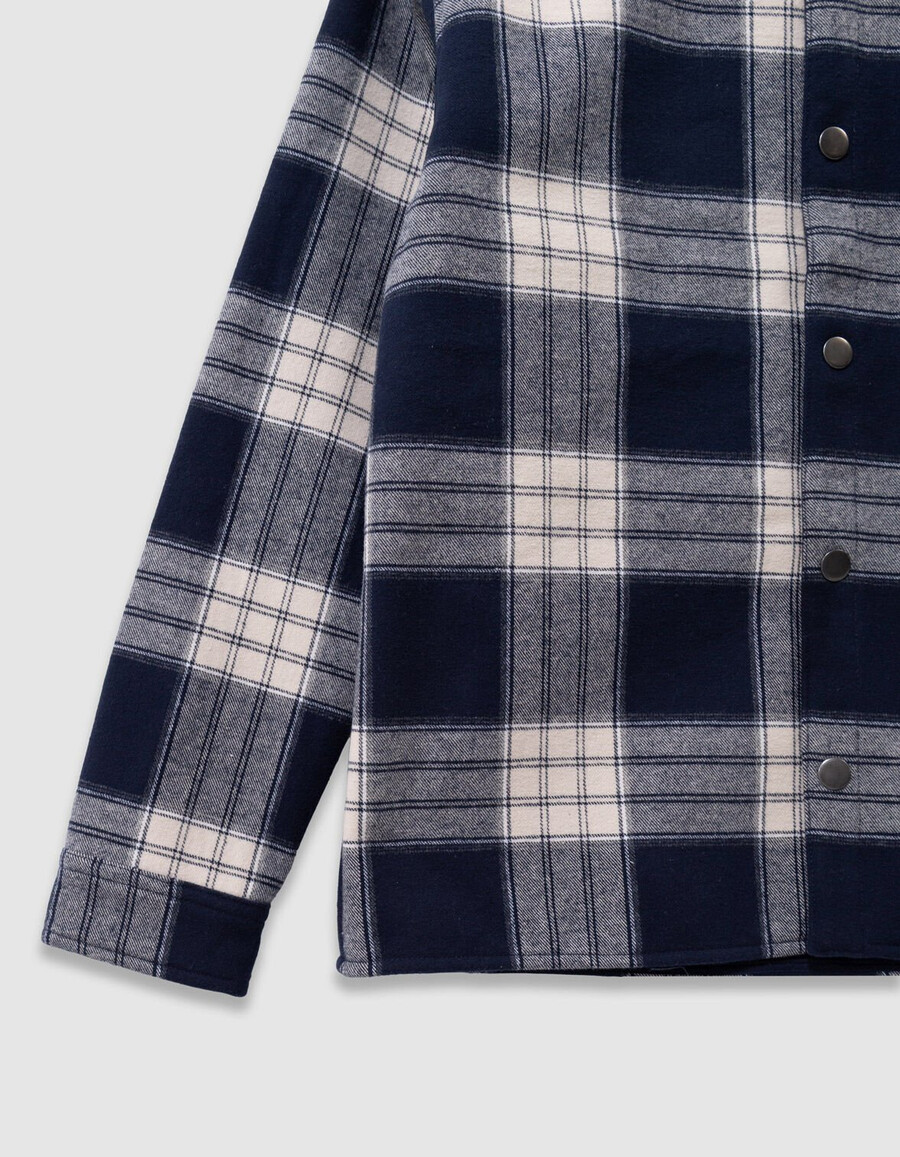camisa de cuadros azul marino para niño con capucha desmontable