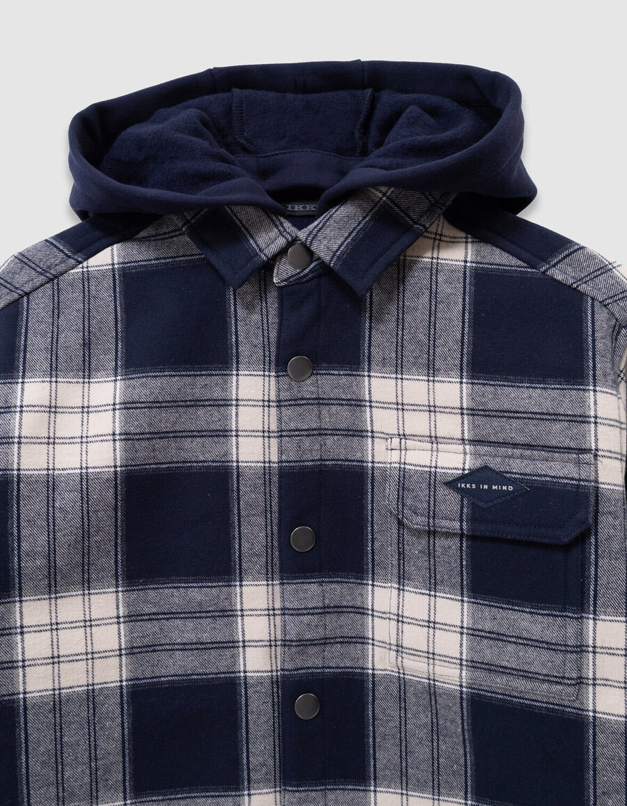 camisa de cuadros azul marino para niño con capucha desmontable