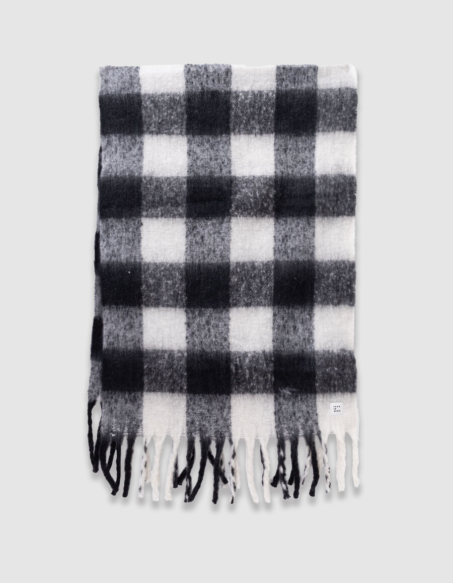 bufanda negra con flecos y cuadros blancos talla xl para niña