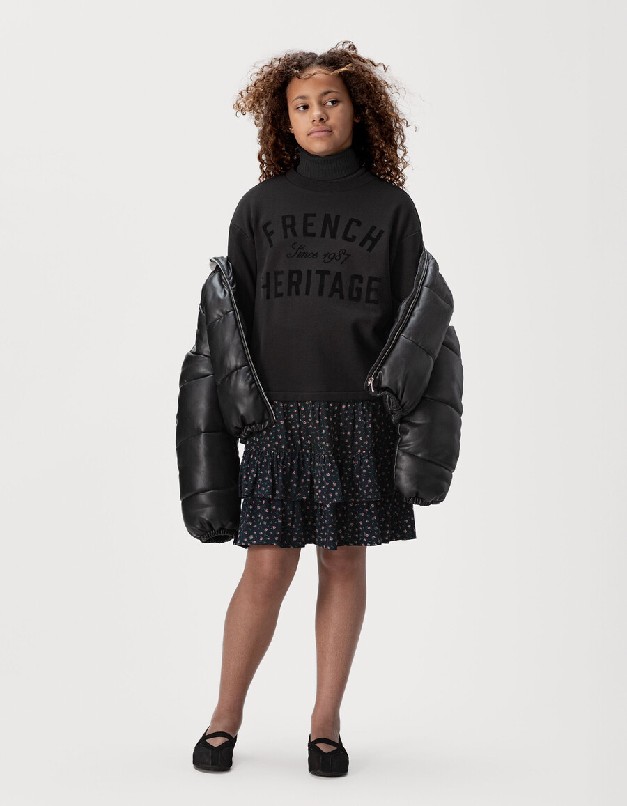 vestido tipo sudadera para niña de tejido mixto color negro con estampado de flores