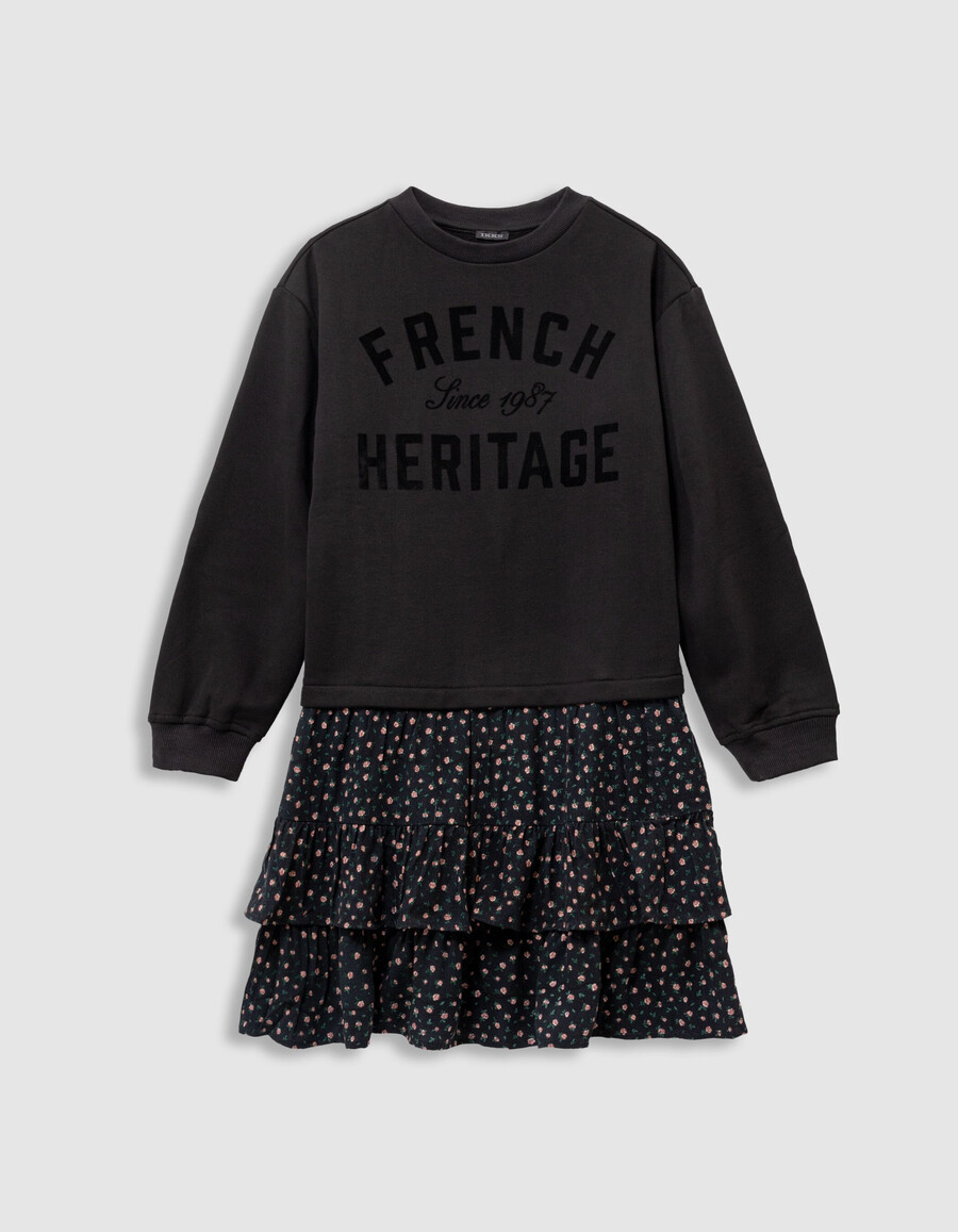 vestido tipo sudadera para niña de tejido mixto color negro con estampado de flores