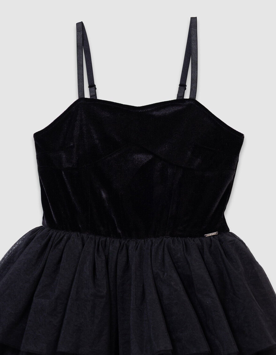 vestido bustier de terciopelo y tul negro para niña