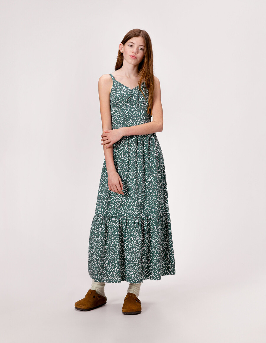 vestido largo de tirantes verde para niña con estampado de leopardo