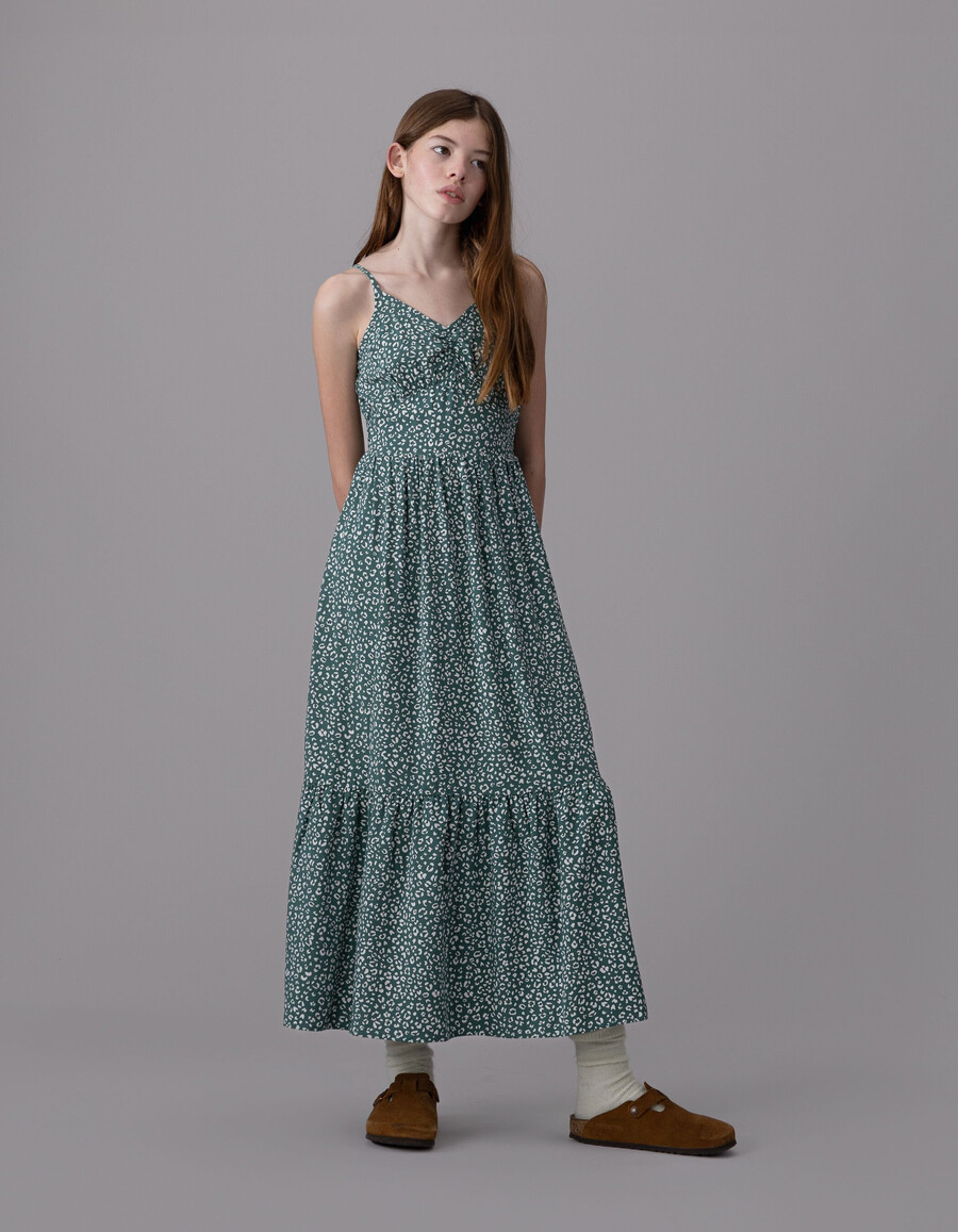 vestido largo de tirantes verde para niña con estampado de leopardo