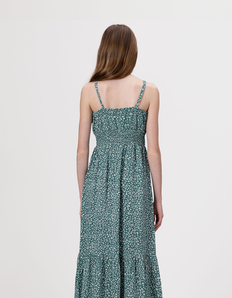 vestido largo de tirantes verde para niña con estampado de leopardo