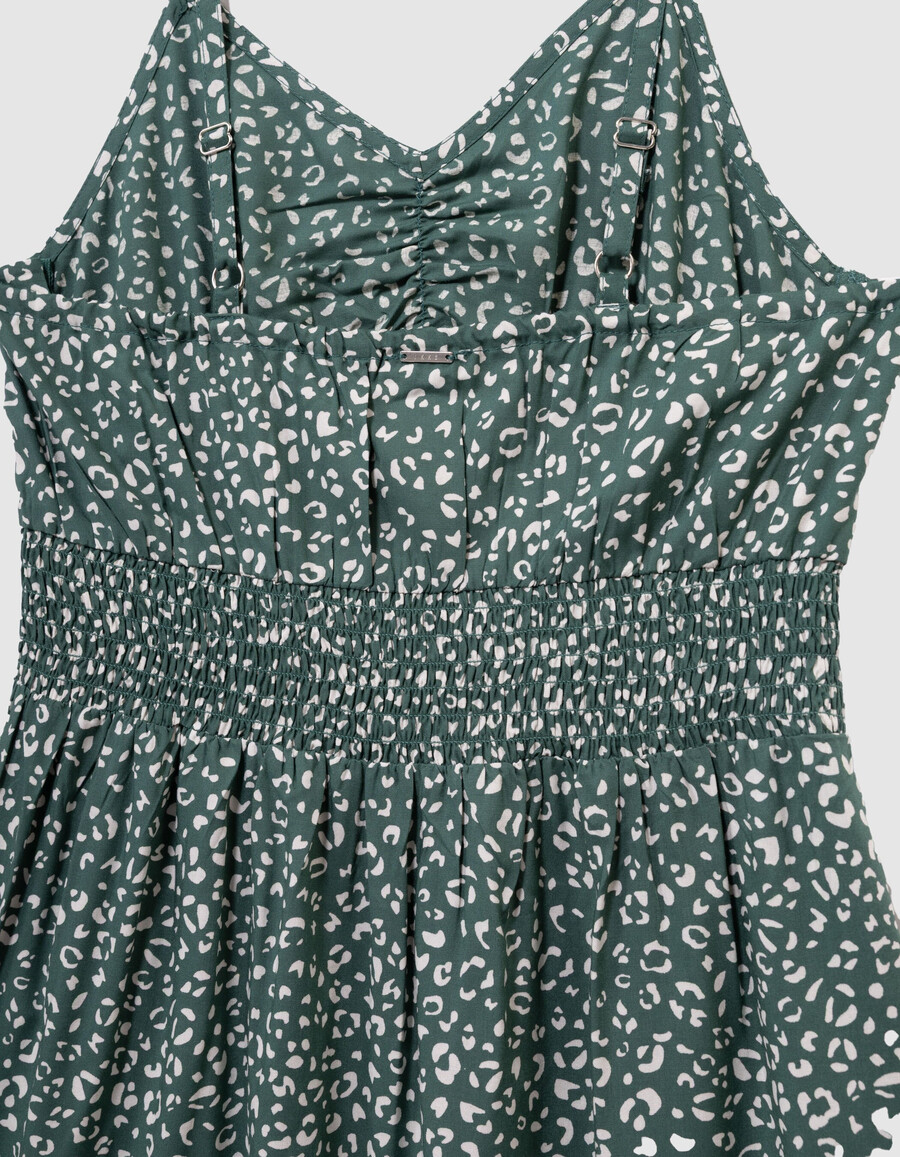 vestido largo de tirantes verde para niña con estampado de leopardo
