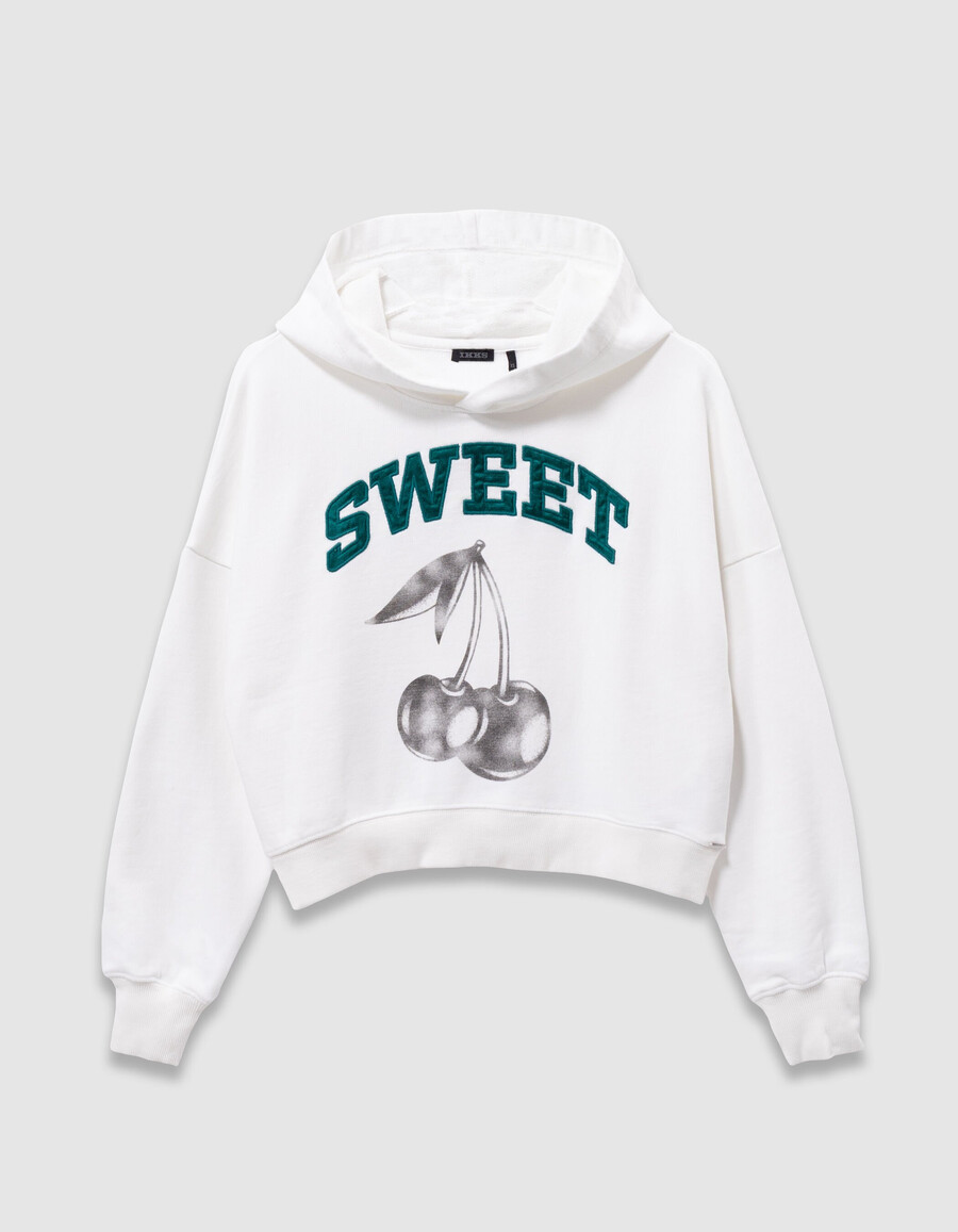 sudadera blanca con capucha para niña con eslogan bordado