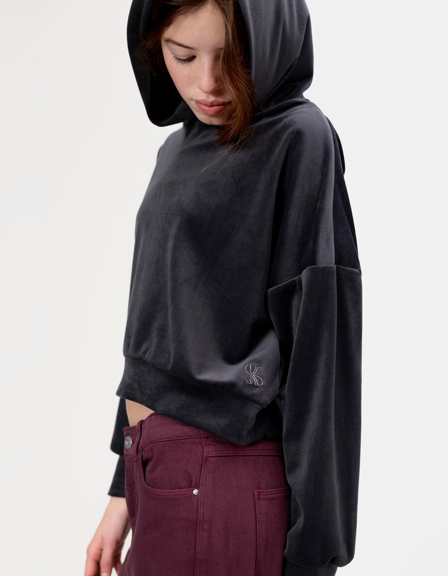 sudadera con capucha de punto de terciopelo gris para niña