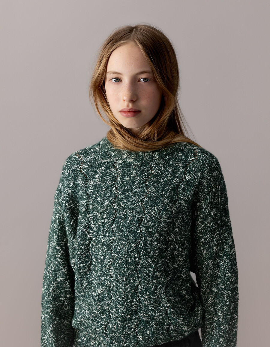 suéter de punto mouliné decorativo verde para niña