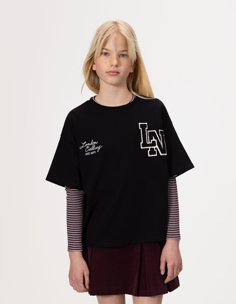 camiseta de rayas 2 en 1 para niñacamiseta negra de manga corta