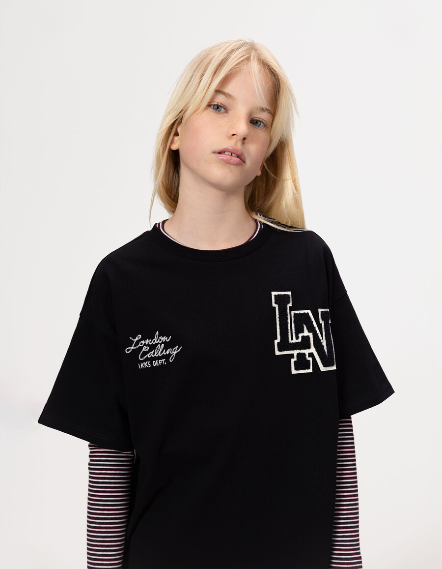 camiseta de rayas 2 en 1 para niñacamiseta negra de manga corta