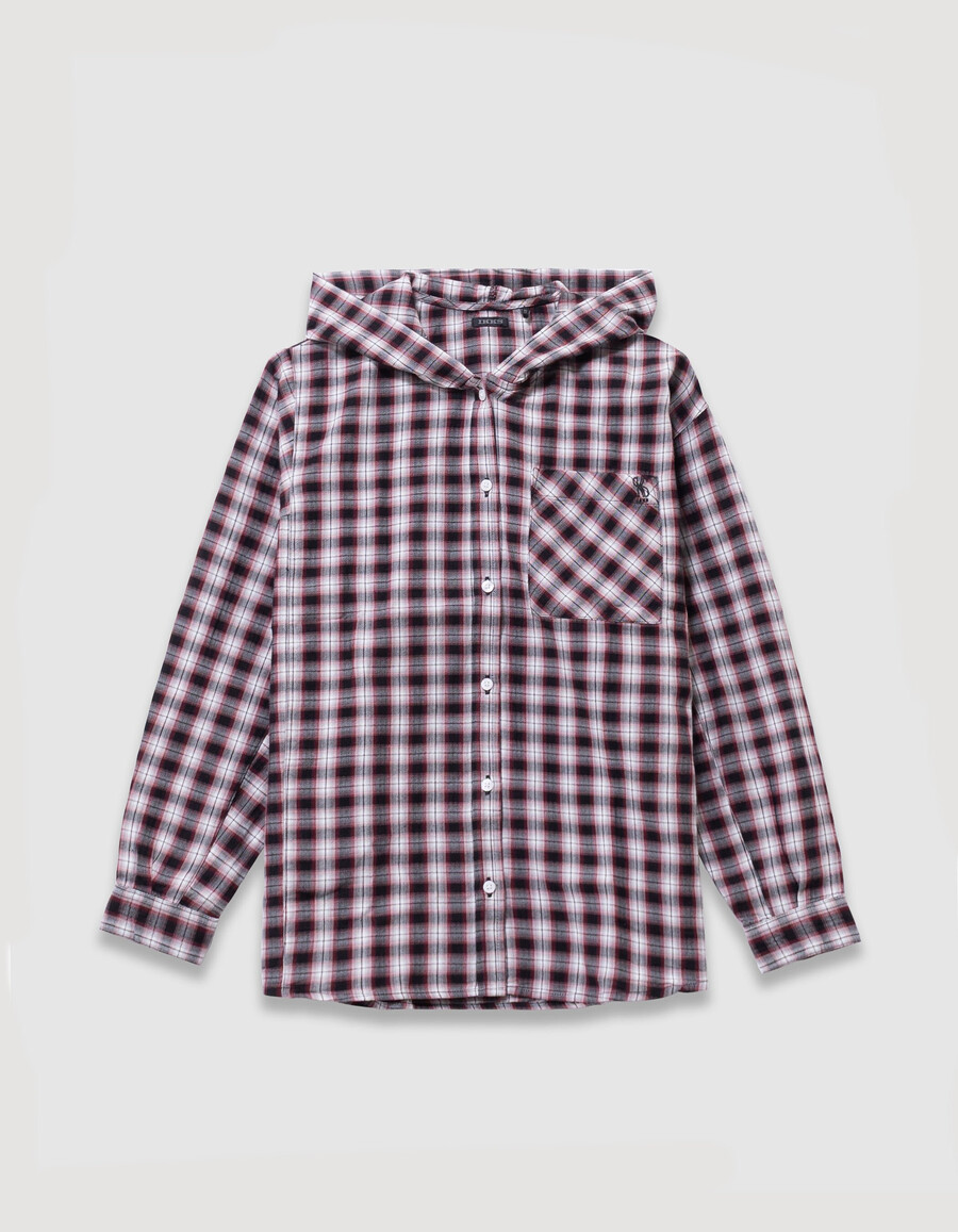 camisa con capucha a cuadros burdeos para niña