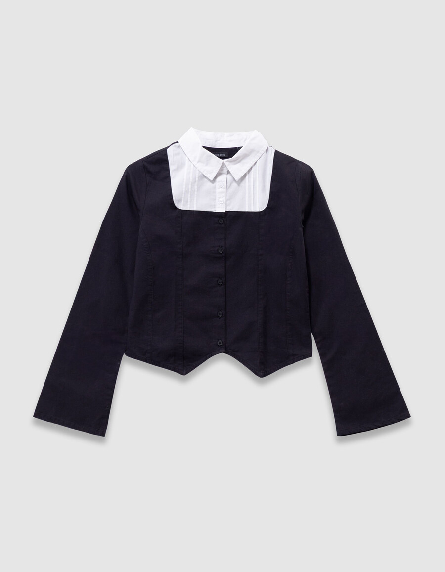 camisa negra con estampado trampantojo para niña con parte delantera blanca