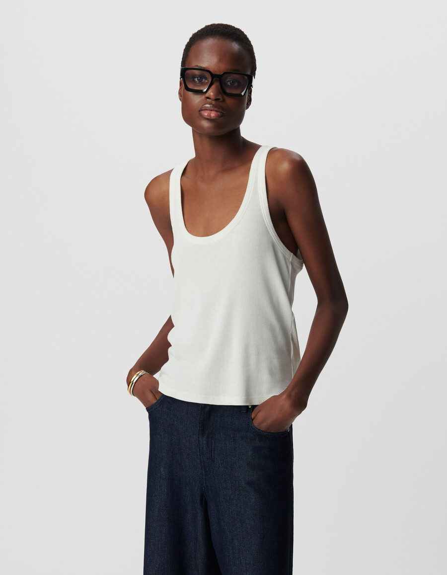 camiseta de tirantes blanca de punto acanalado para mujer con bordado de espiga en la espalda