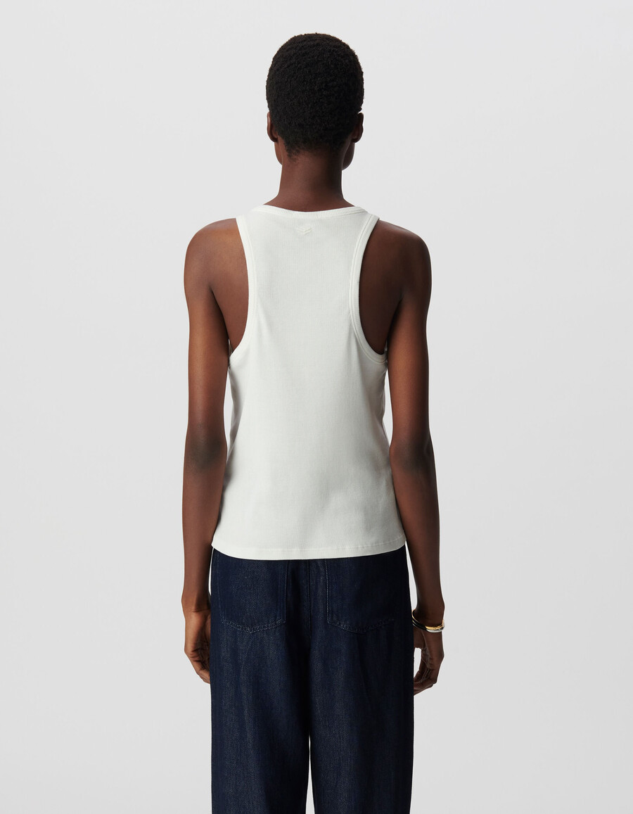 camiseta de tirantes blanca de punto acanalado para mujer con bordado de espiga en la espalda