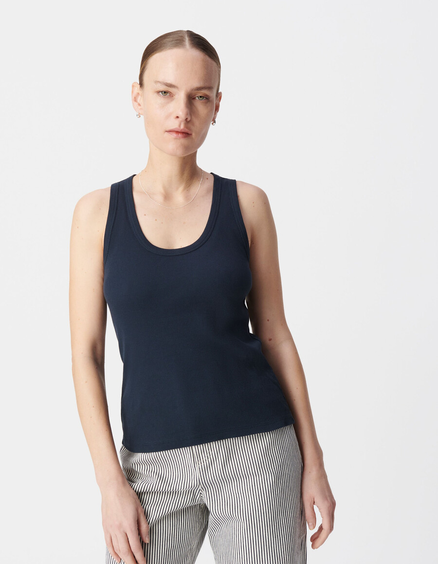 camiseta sin mangas de punto acanalado azul marino para mujer con espalda de espiga bordada