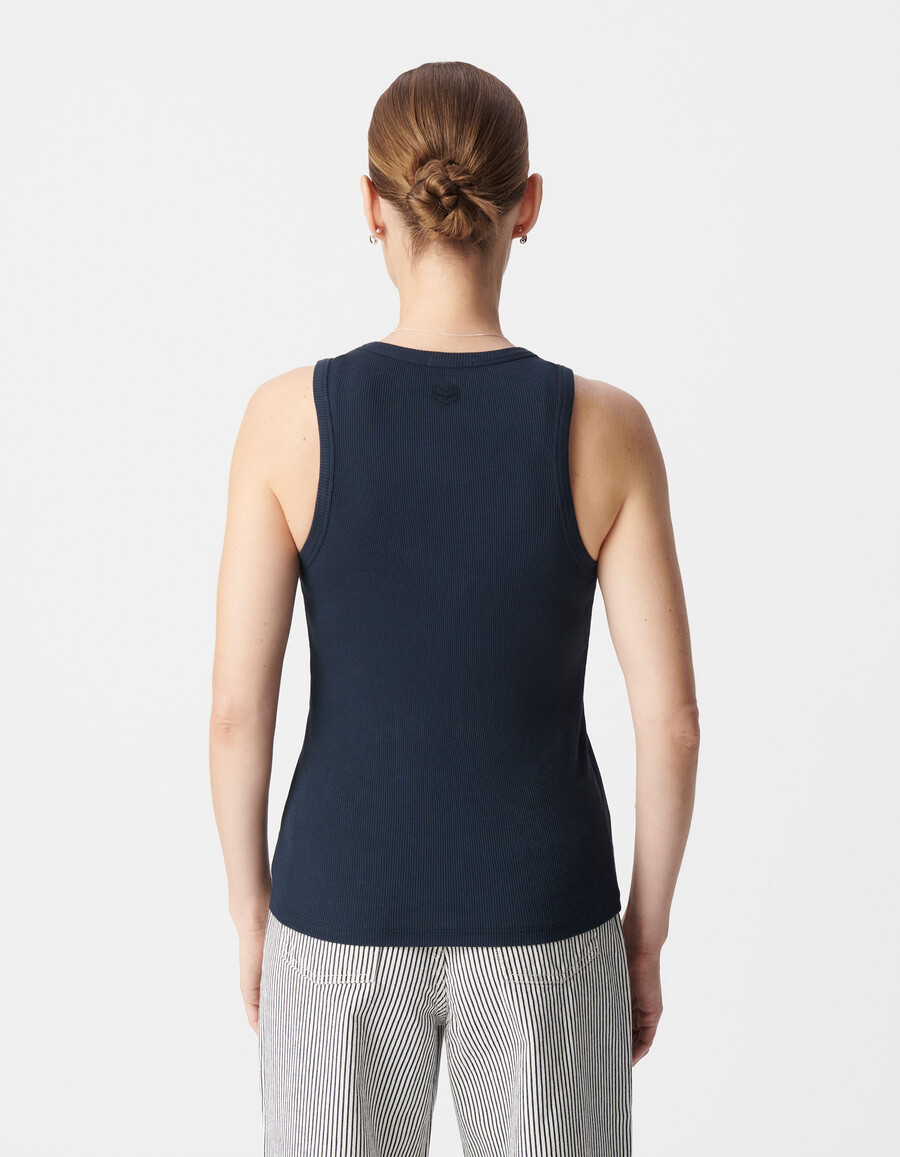 camiseta sin mangas de punto acanalado azul marino para mujer con espalda de espiga bordada