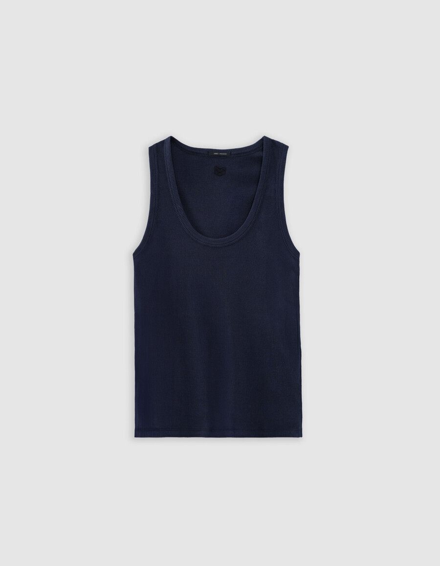 camiseta sin mangas de punto acanalado azul marino para mujer con espalda de espiga bordada