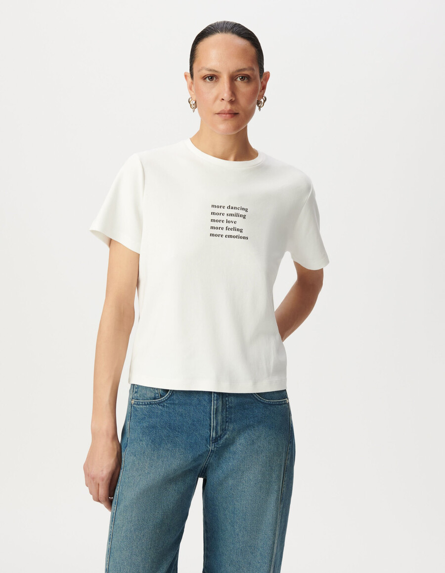 camiseta off-white de cuello redondo para mujer con eslogan brillante