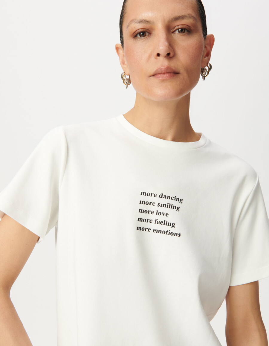 camiseta off-white de cuello redondo para mujer con eslogan brillante