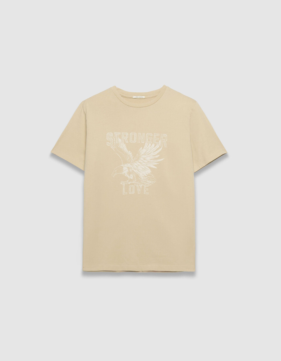 camiseta beige de algodón orgánico con imagen de águila y cuello redondo para mujer