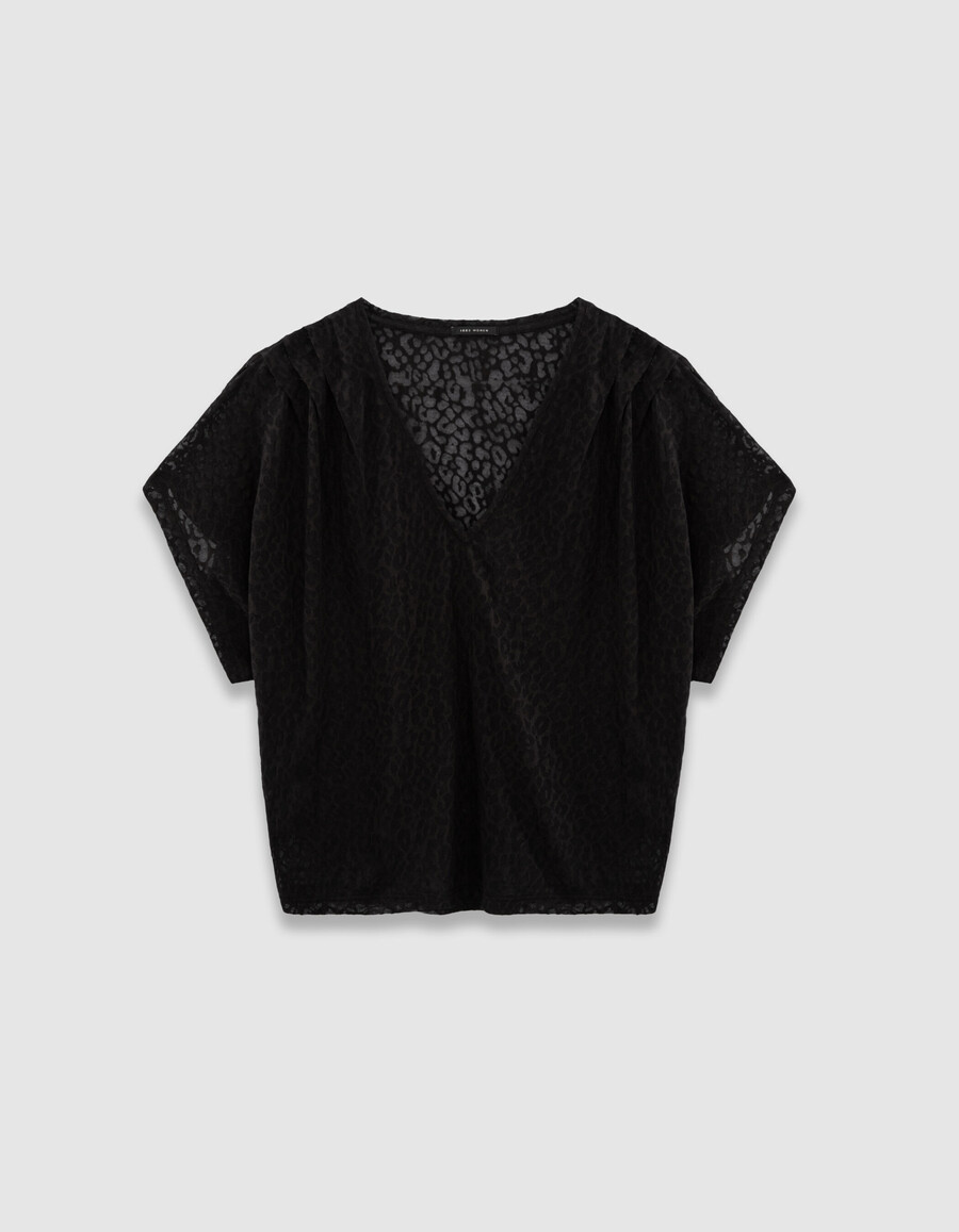 camiseta negra de cuello en v para mujer con estampado de leopardo transparente