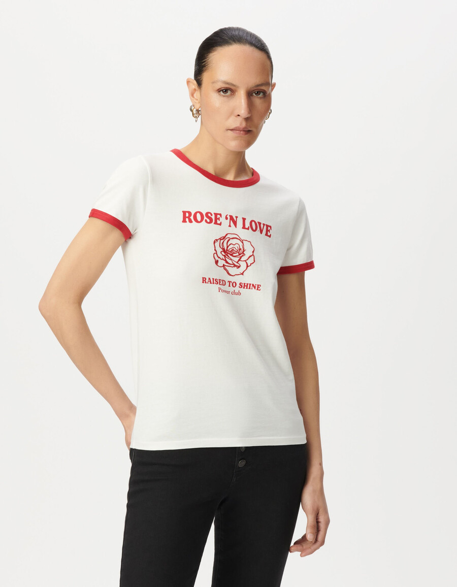 camiseta blanca de algodón orgánico para mujer rosa bordada