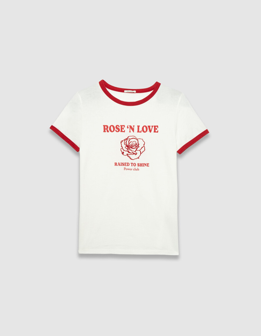 camiseta blanca de algodón orgánico para mujer rosa bordada