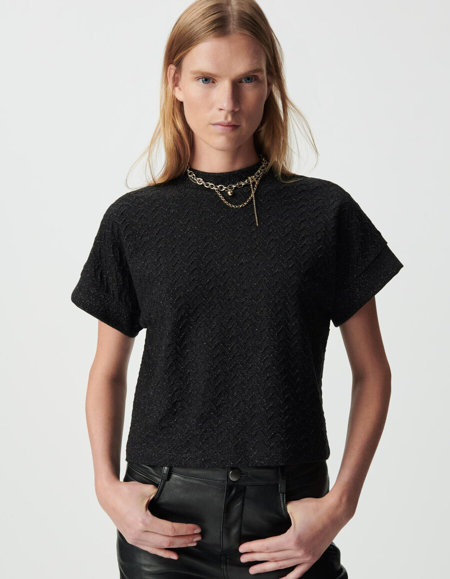camiseta de manga corta de punto calado de lúrex negro para mujer