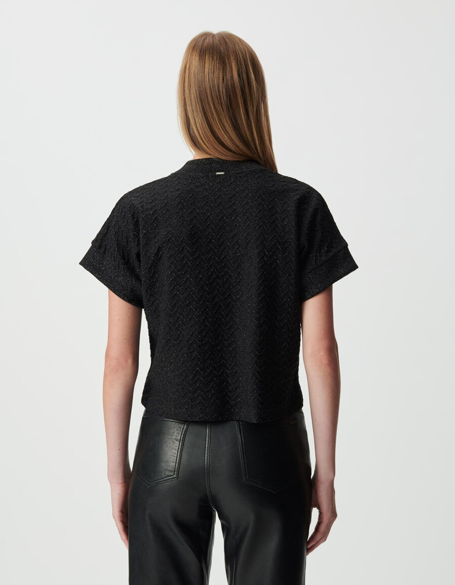 camiseta de manga corta de punto calado de lúrex negro para mujer