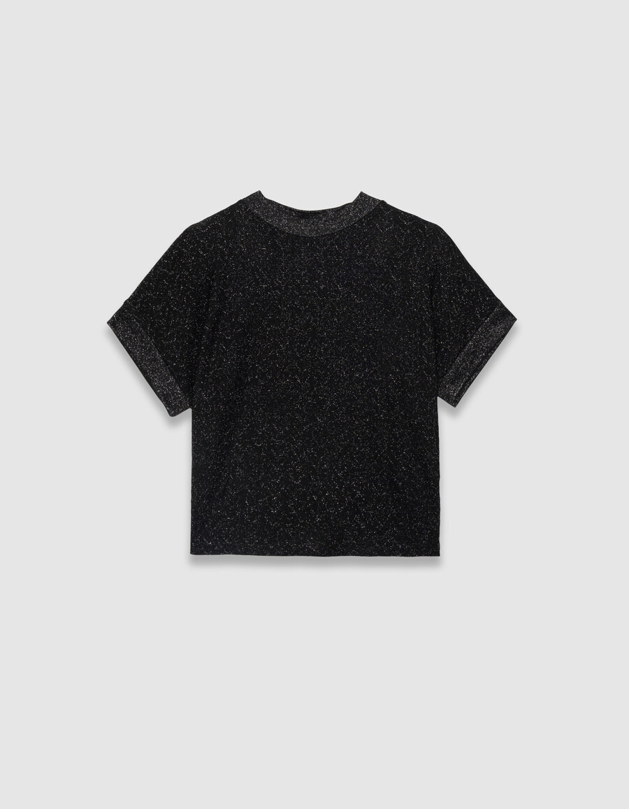 camiseta de manga corta de punto calado de lúrex negro para mujer