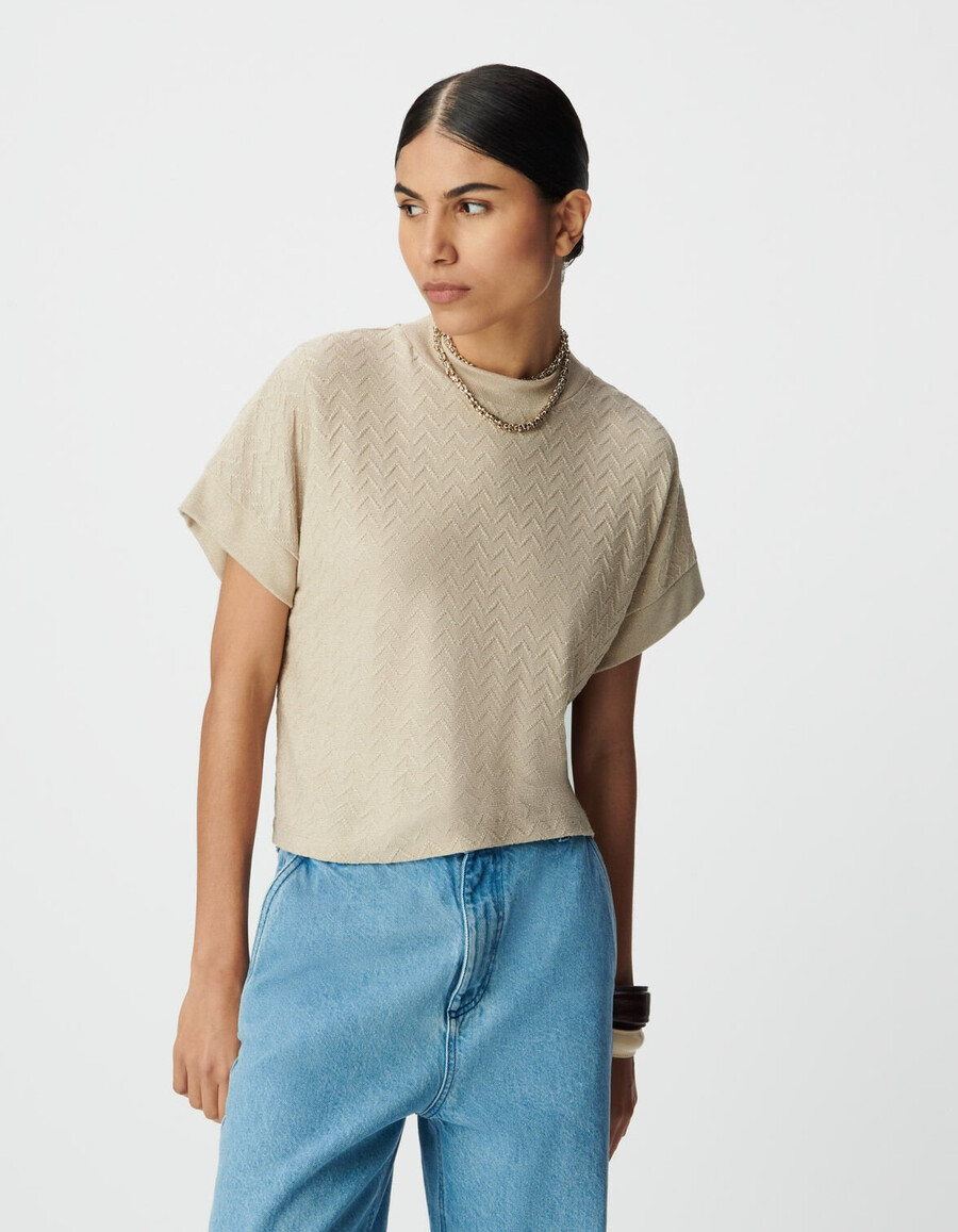 camiseta de manga corta de punto calado de lúrex beige para mujer