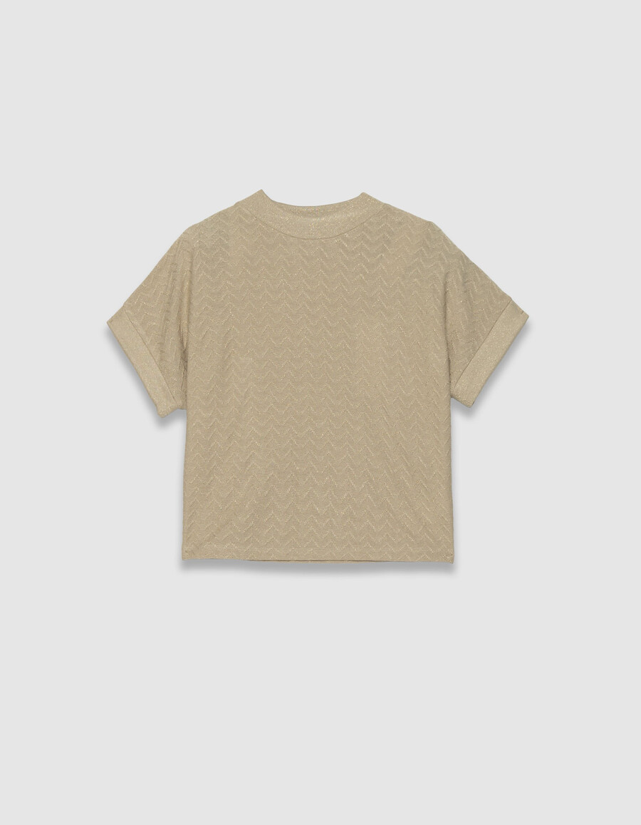 camiseta de manga corta de punto calado de lúrex beige para mujer