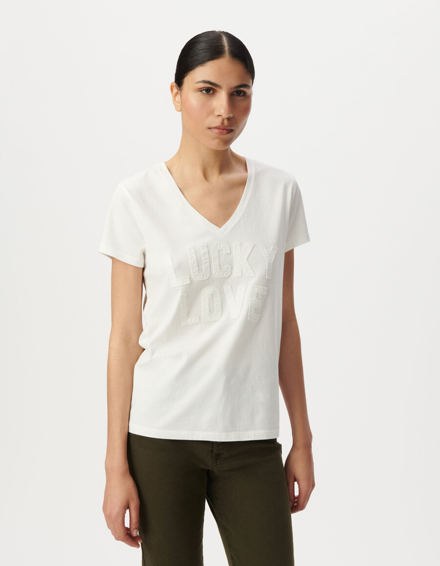 camiseta blanca de algodón orgánico para mujer con letras bordadas