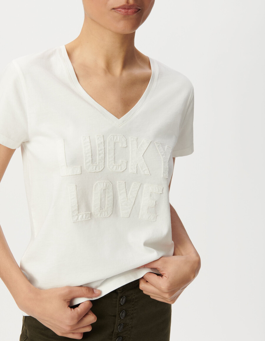 camiseta blanca de algodón orgánico para mujer con letras bordadas