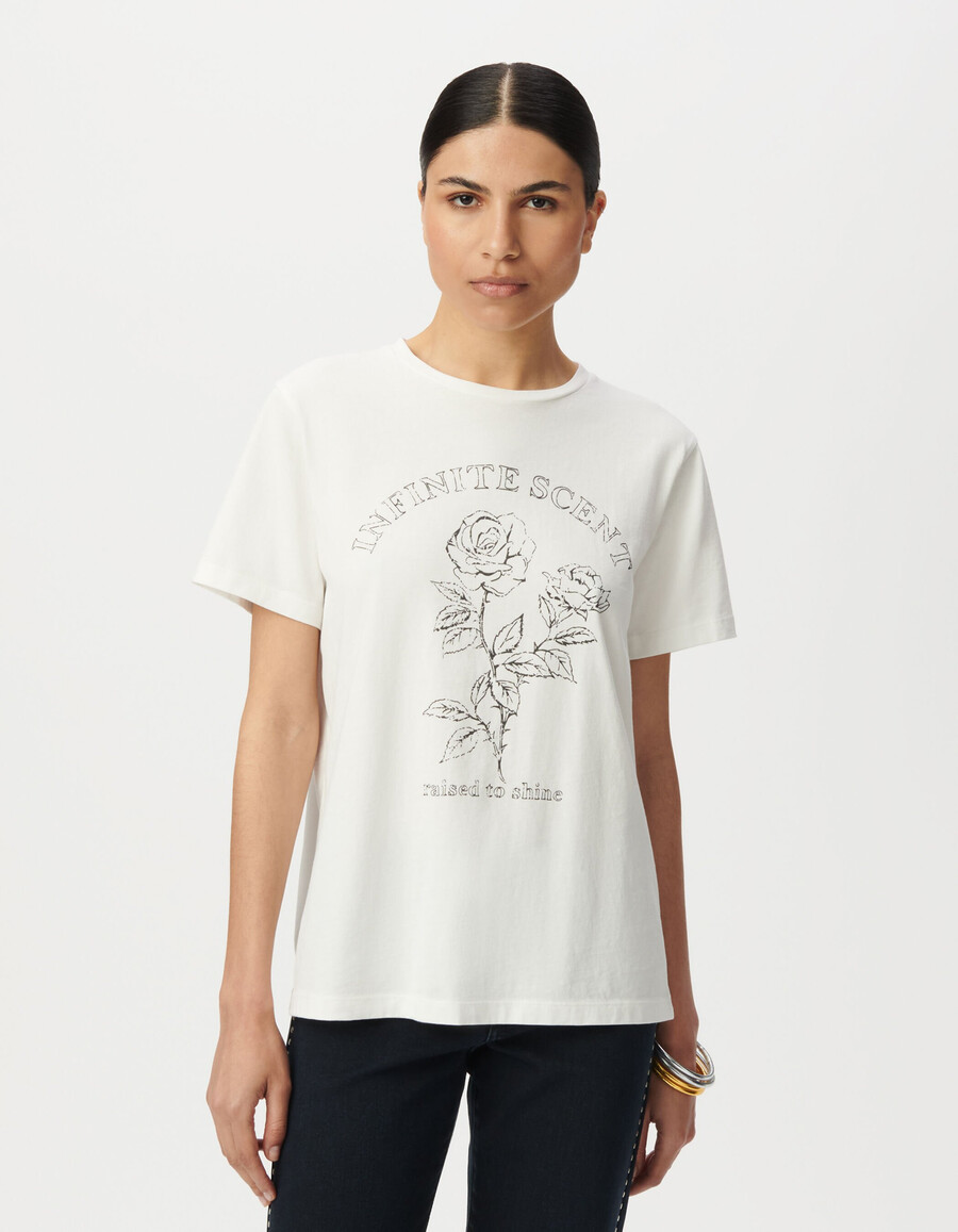 camiseta blanca de algodón orgánico para mujer con eslogan y rosas