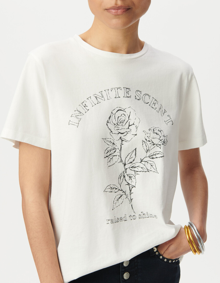 camiseta blanca de algodón orgánico para mujer con eslogan y rosas