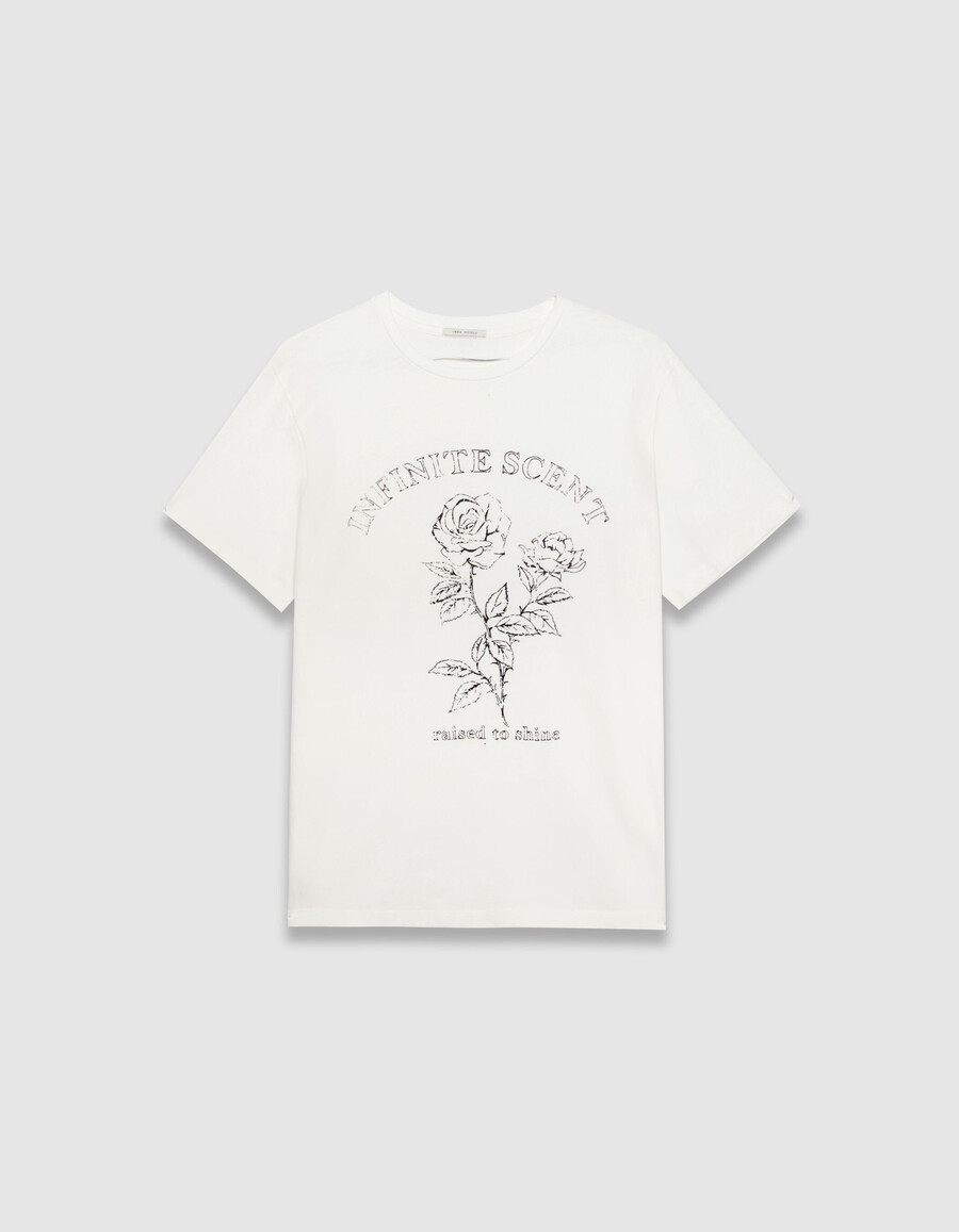 camiseta blanca de algodón orgánico para mujer con eslogan y rosas