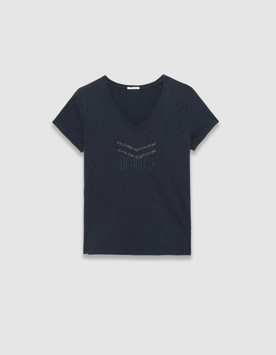 camiseta de algodón orgánico azul marino para mujer con chevrones bordados