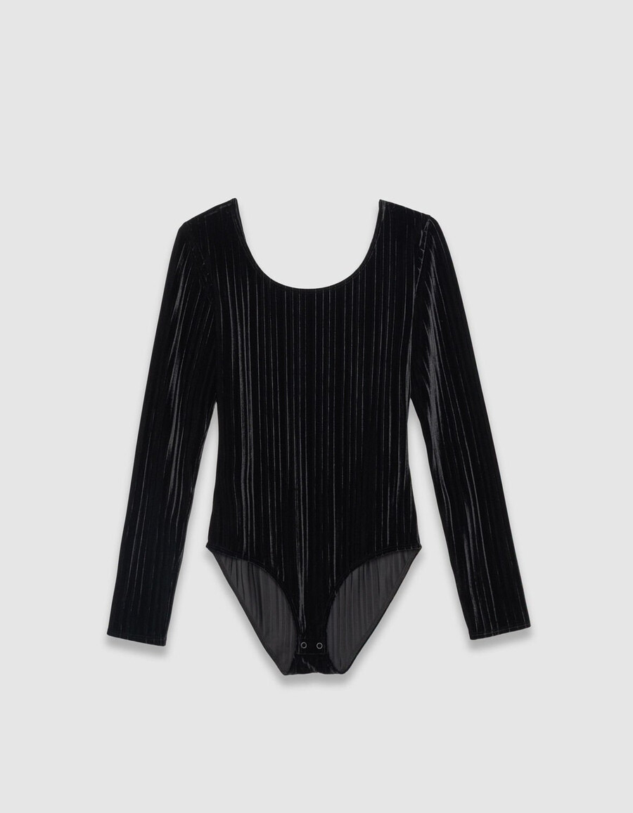 body de punto de terciopelo plisado negro para mujer