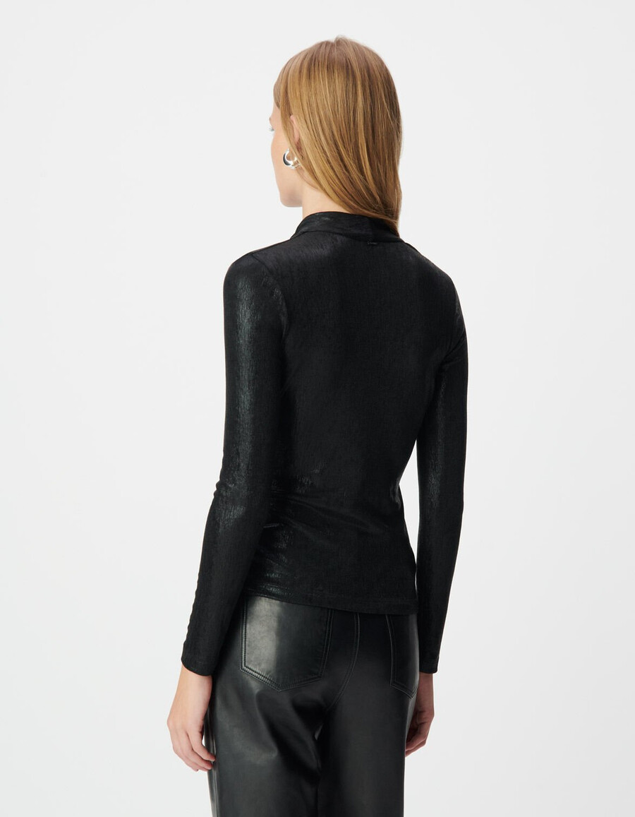 camiseta cruzada de lamé negra para mujer