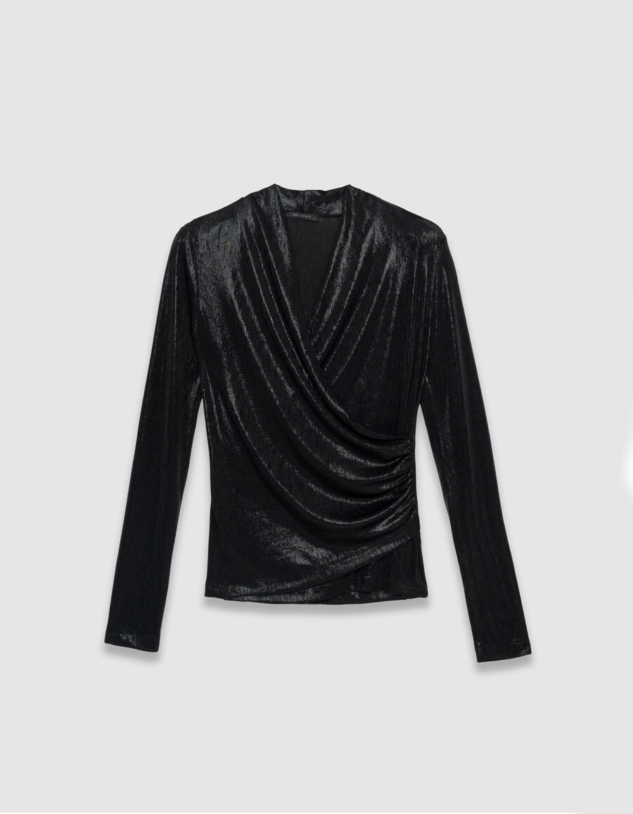 camiseta cruzada de lamé negra para mujer
