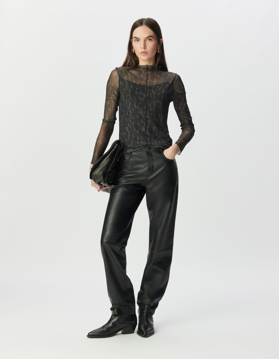 camiseta de malla caqui con estampado de leopardo para mujer