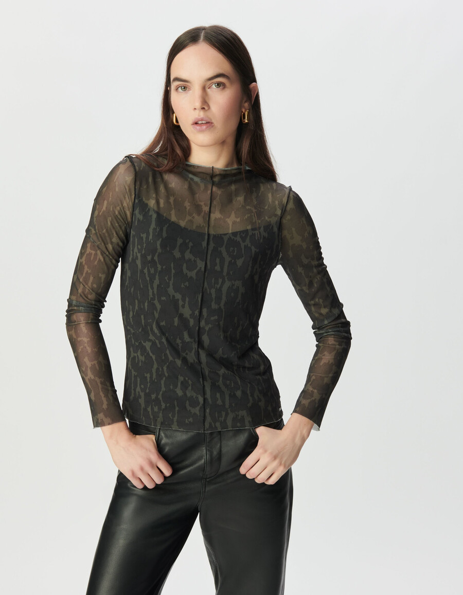 camiseta de malla caqui con estampado de leopardo para mujer