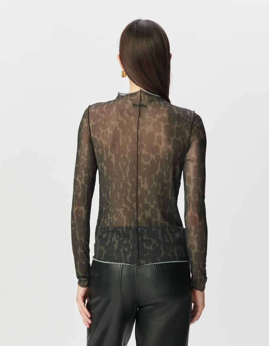 camiseta de malla caqui con estampado de leopardo para mujer