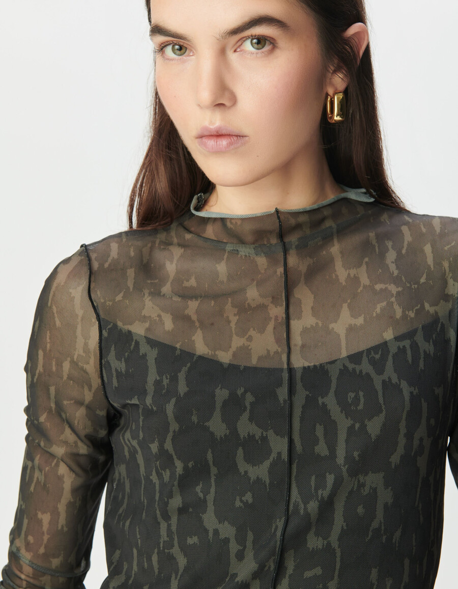 camiseta de malla caqui con estampado de leopardo para mujer