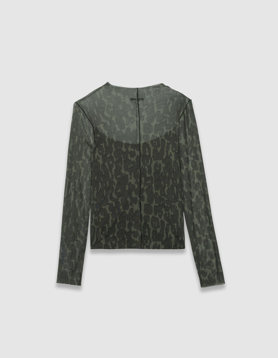 camiseta de malla caqui con estampado de leopardo para mujer