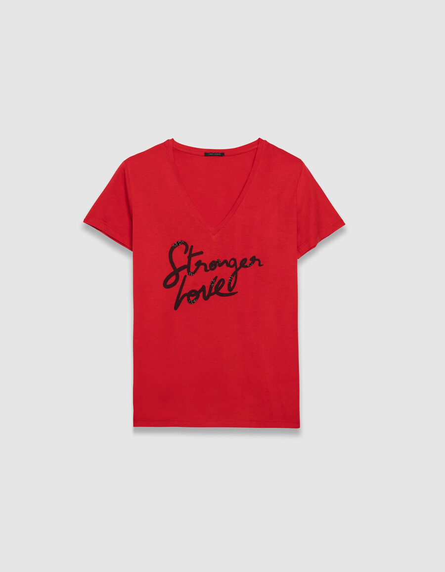 camiseta roja de manga corta para mujer con eslogan bordado