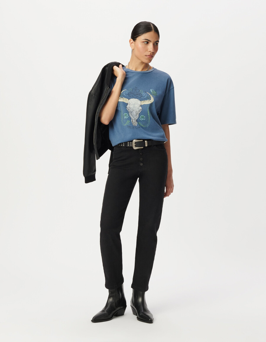 camiseta de manga corta gris azulada para mujer con imagen de búfalo